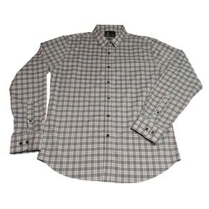 Rugby University Mens Large Grey White Plaid Stretch Long Sleeve Button Down